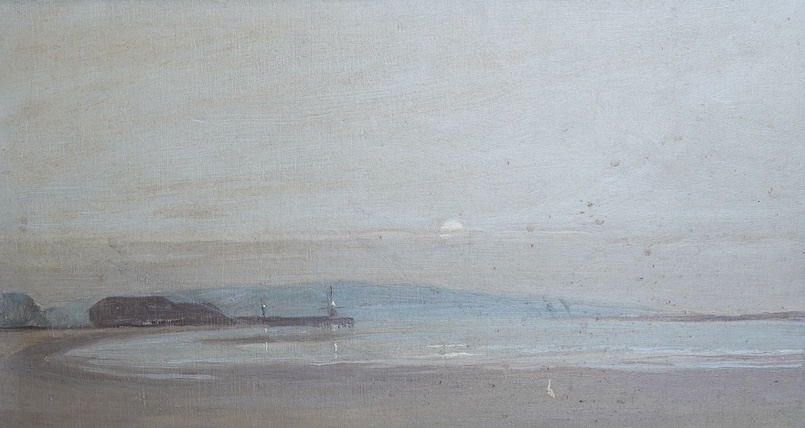 Follower of James McNeill Whistler (American, 1834-1903), oil on canvas, Coastal view, unsigned, 39 x 69cm, gilt framed. Condition - fair, would benefit from a clean